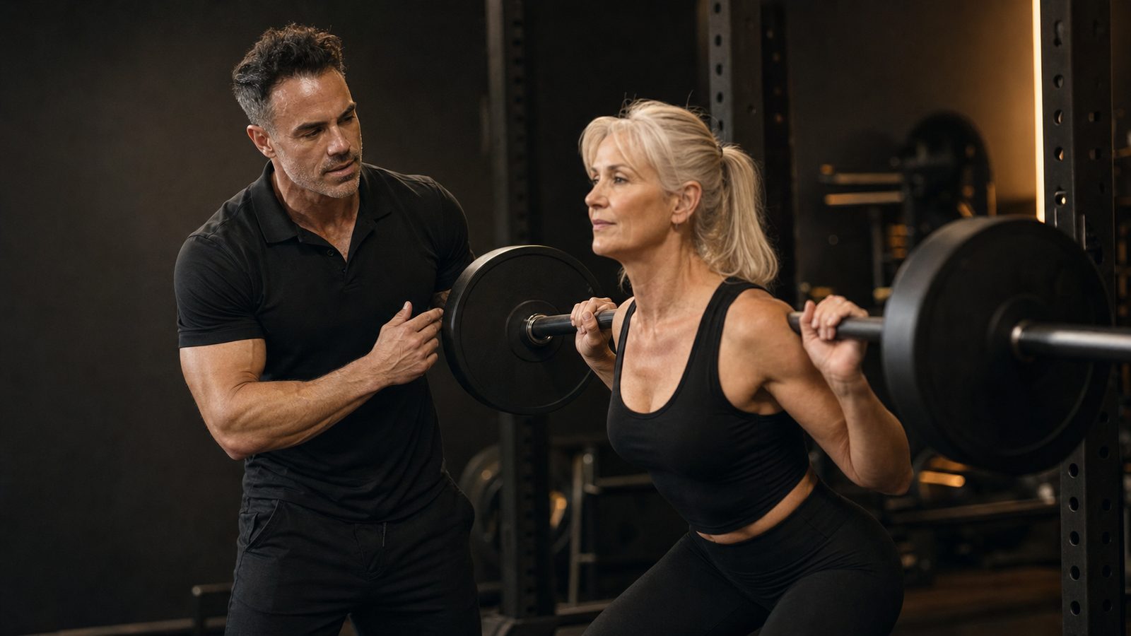 TurnFit coach spotting a woman over 40 during a barbell back squat in Vancouver