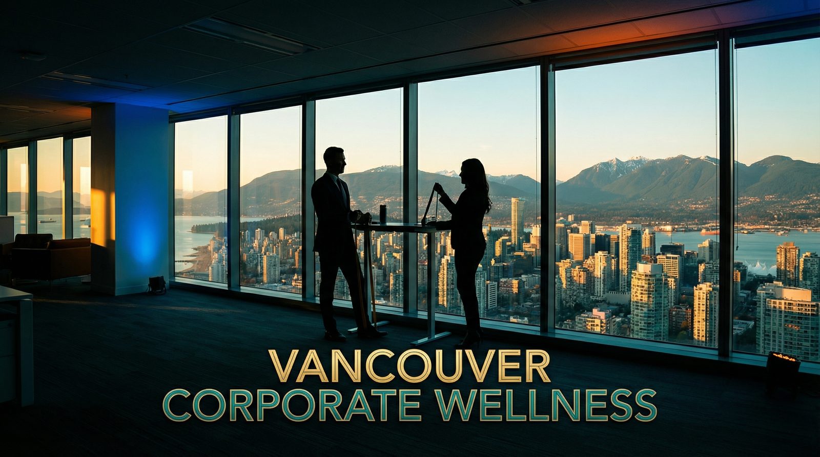 Professionals with strong posture at standing desk overlooking Vancouver skyline at sunset — TurnFit corporate wellness transforms workplace health