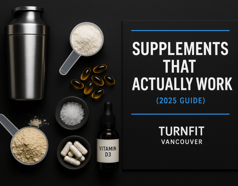 TurnFit Vancouver trainers reviewing evidence-based supplements (protein, creatine, magnesium, vitamin D)