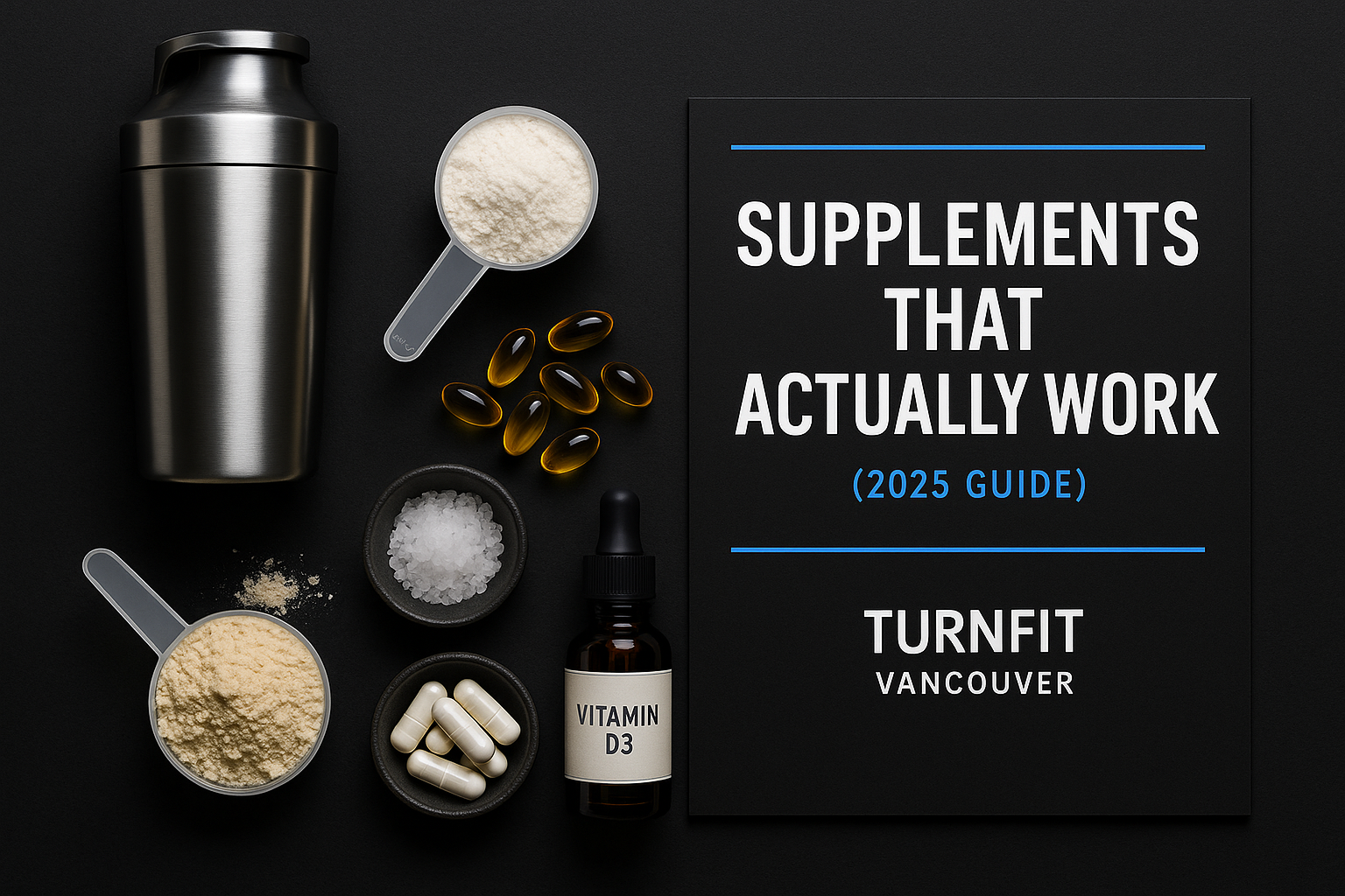 TurnFit Vancouver trainers reviewing evidence-based supplements (protein, creatine, magnesium, vitamin D)
