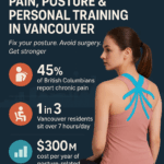 Infographic showing 2025 Vancouver stats on posture, chronic pain, and personal training results. Includes skyline background, kinesiology-taped woman, and TurnFit success rates.