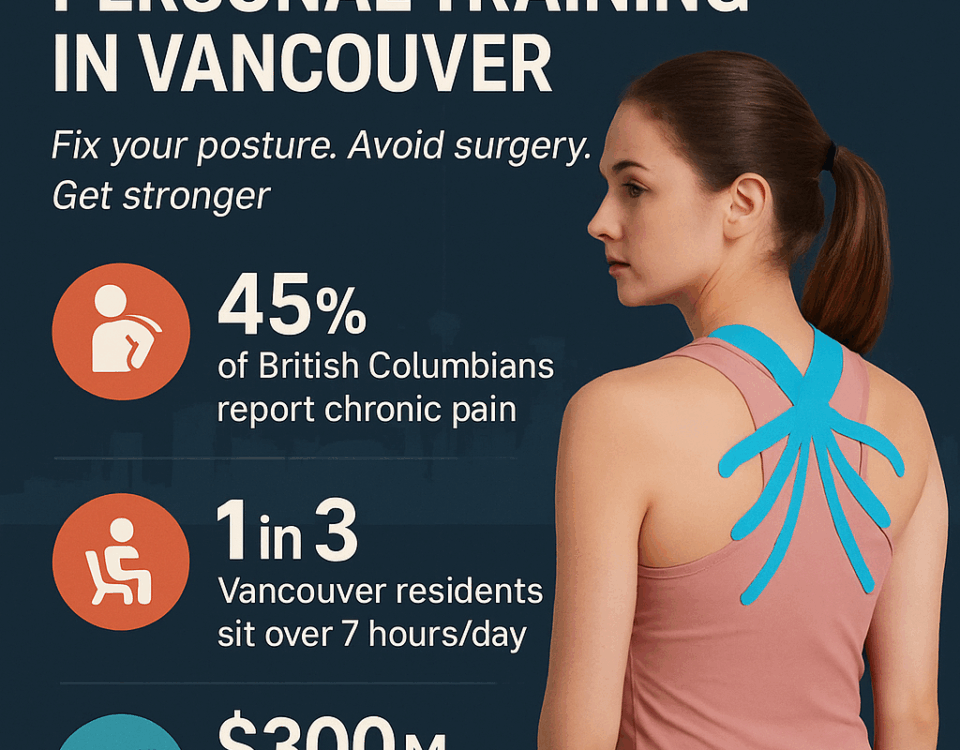 Infographic showing 2025 Vancouver stats on posture, chronic pain, and personal training results. Includes skyline background, kinesiology-taped woman, and TurnFit success rates.