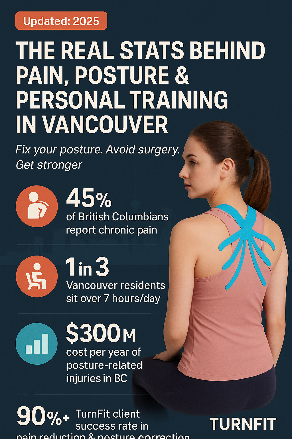 Infographic showing 2025 Vancouver stats on posture, chronic pain, and personal training results. Includes skyline background, kinesiology-taped woman, and TurnFit success rates.