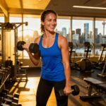 Smiling athletic woman lifting dumbbells in a Vancouver gym, welcoming and energetic atmosphere.