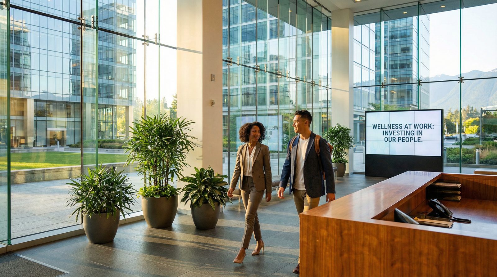 Confident healthy professional arriving at Vancouver office building — companies with wellness programs attract and retain top talent