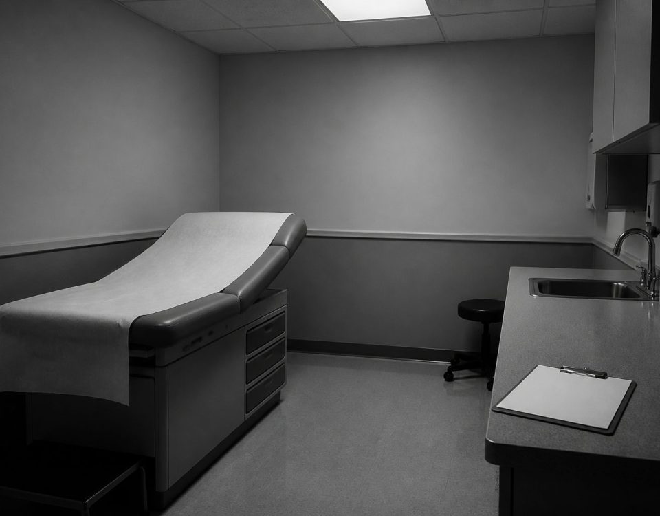 Woman in her forties waiting alone in a quiet clinic hallway