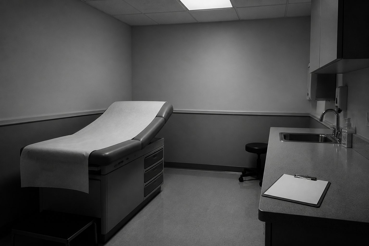 Woman in her forties waiting alone in a quiet clinic hallway — the appointment that never comes