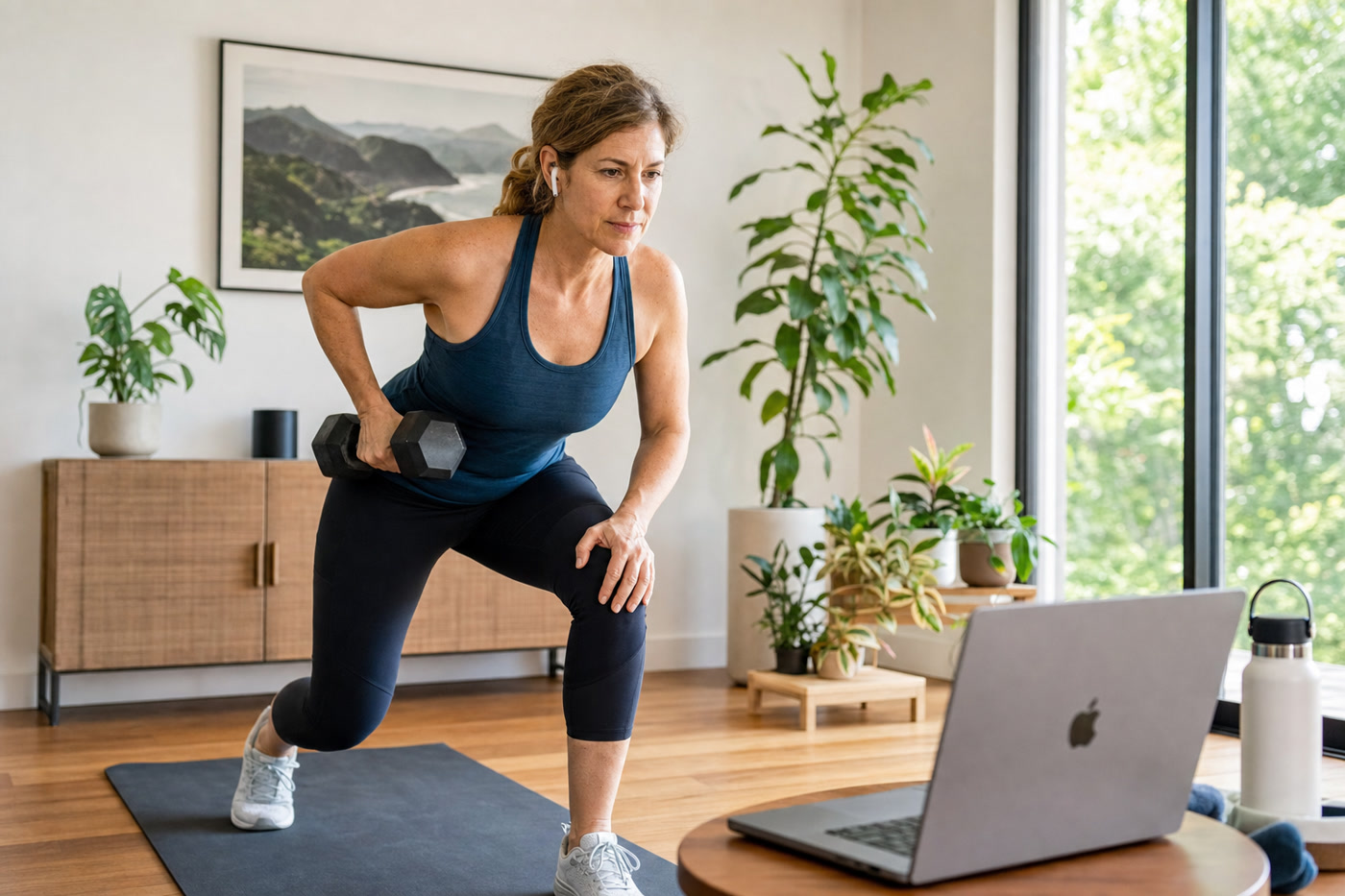 Woman aged 45–55 doing online training at home — engaged, focused, working with resistance bands or light weights. Natural light, comfortable home setting.