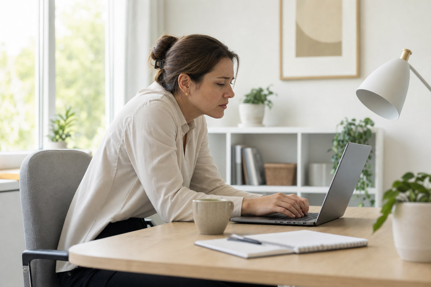 Woman at office desk with forward head posture and rounded shoulders showing typical desk worker postural collapse