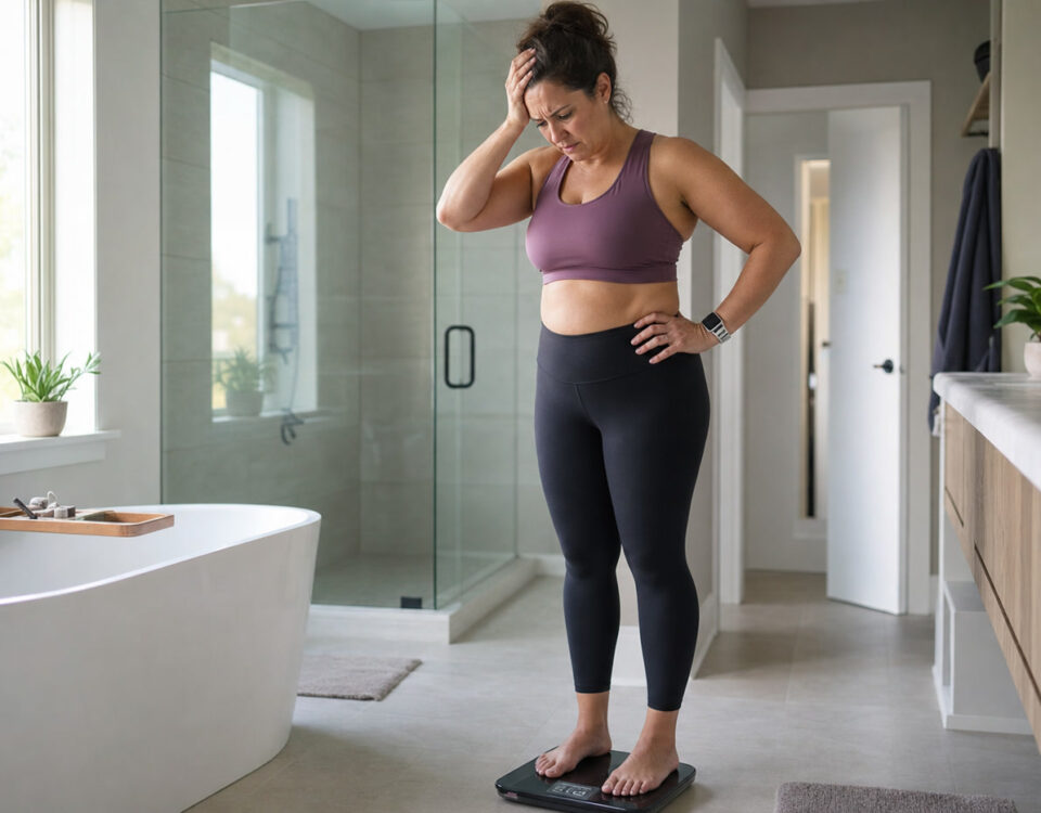 Frustrated woman on bathroom scale experiencing weight loss plateau — body recomposition explains why