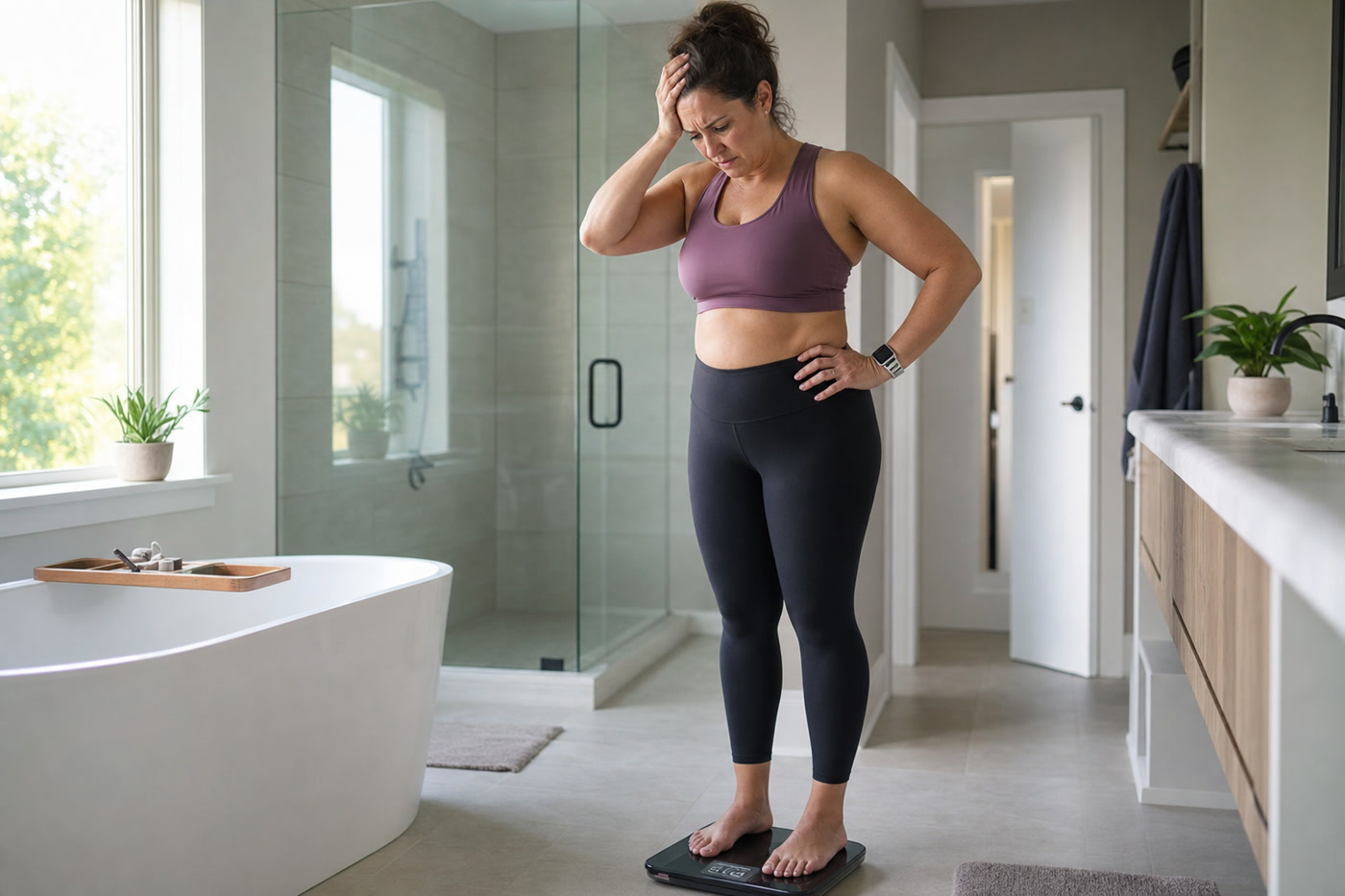 Frustrated woman on bathroom scale experiencing weight loss plateau — body recomposition explains why
