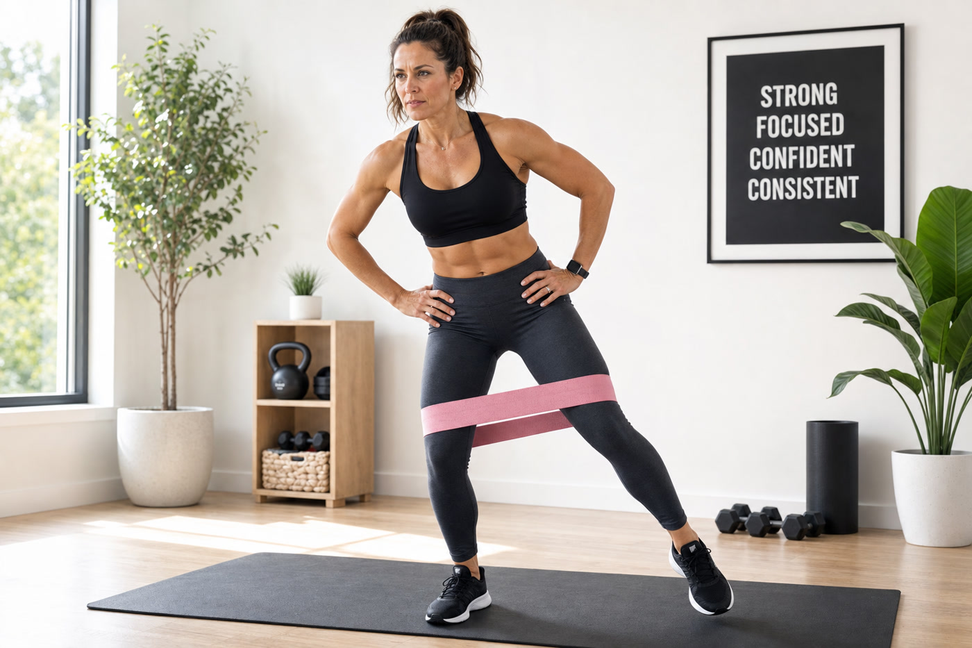 Woman performing a lateral band walk exercise to strengthen the gluteus medius and address knee pain