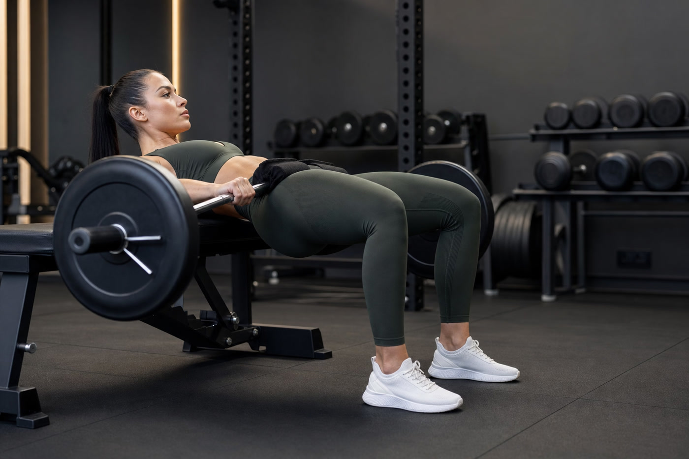 Woman performing hip thrust with perfect form and full glute activation demonstrating proper posterior chain strength training