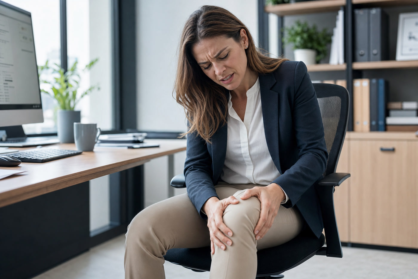 Woman at desk holding her knee in pain — a common presentation of patellofemoral pain syndrome in desk workers
