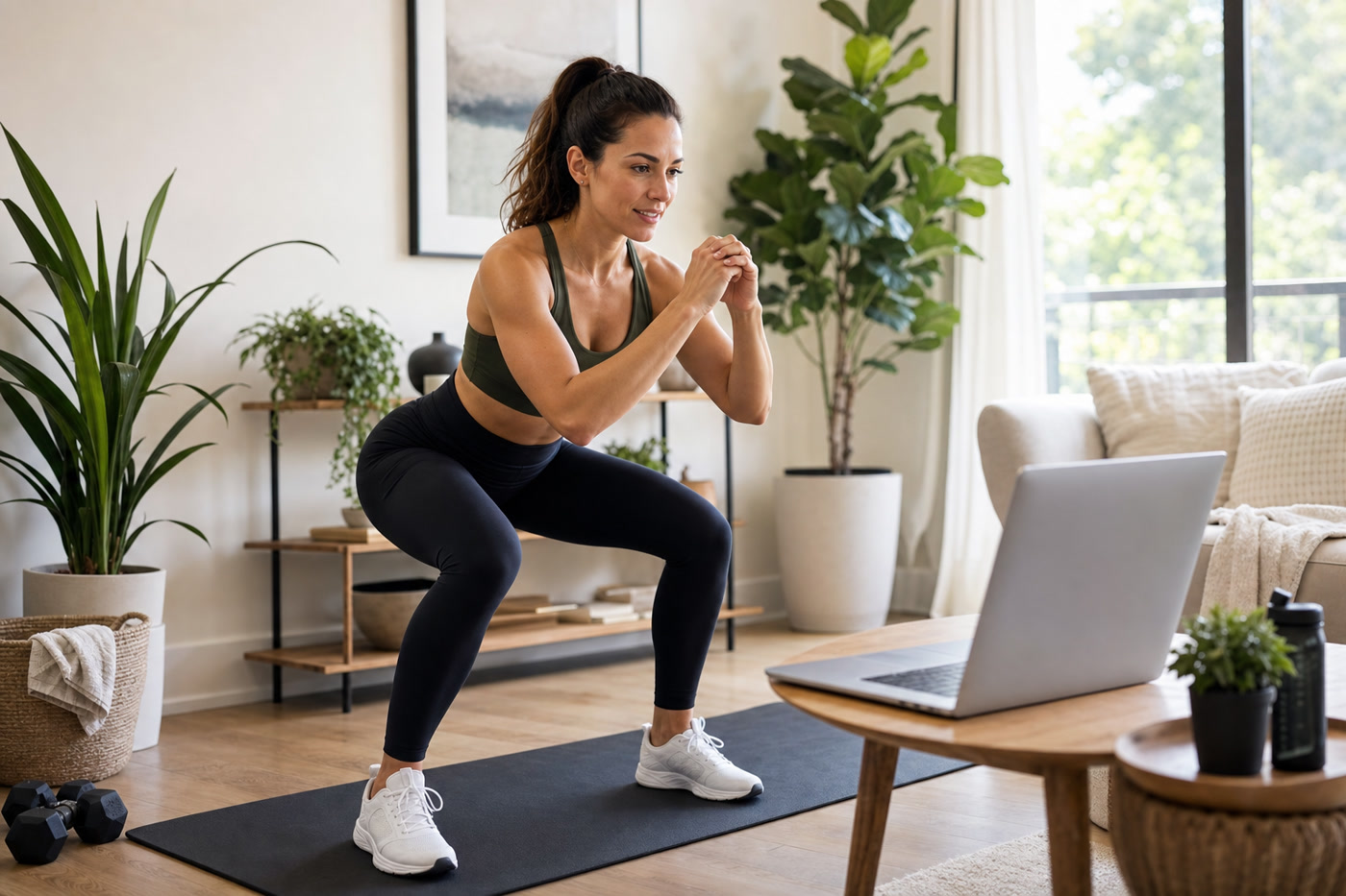 Woman doing online personal training session at home on laptop in athletic wear squatting in bright modern living room with plants