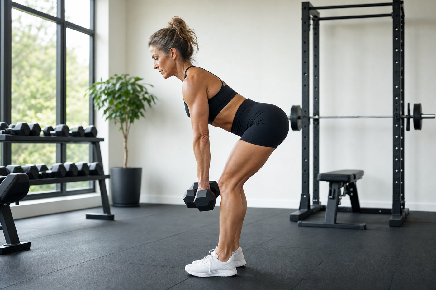Woman performing a deadlift or barbell exercise with strong, confident form. Clean gym environment, natural light.