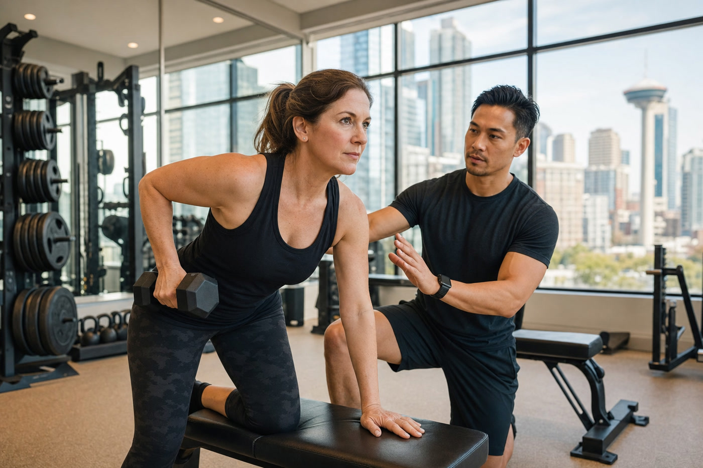 Woman working one-on-one with personal trainer in Vancouver gym — ideal training frequency 2x per week