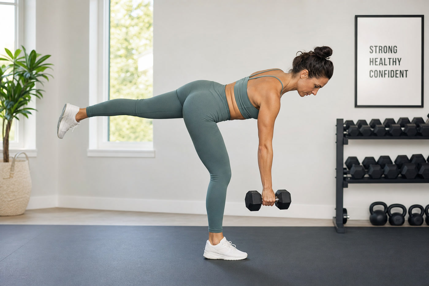 Woman performing a single-leg deadlift exercise — a key movement for building gluteus maximus strength and reducing knee pain