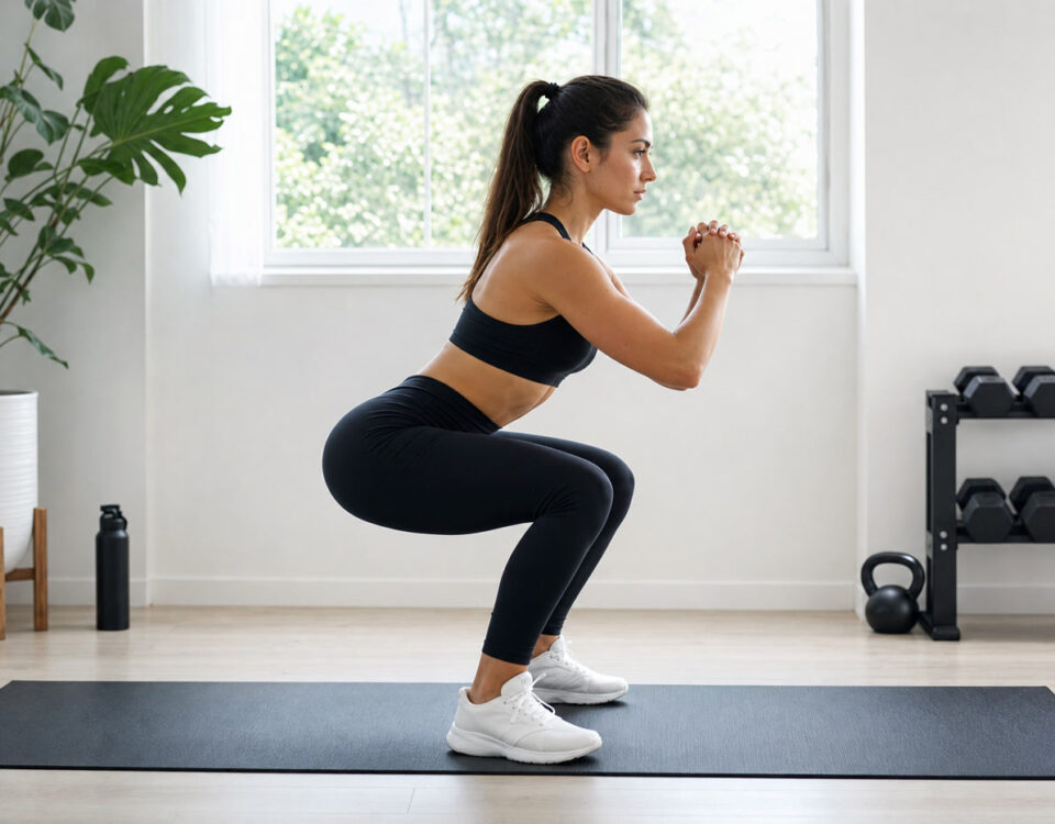 Woman performing squat with correct knee alignment tracking knees over toes