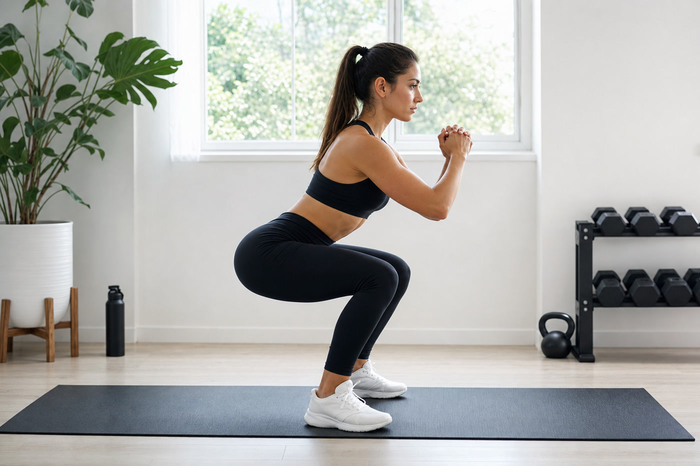 Woman squatting with correct knee alignment, demonstrating the role of hip strength in preventing patellofemoral pain