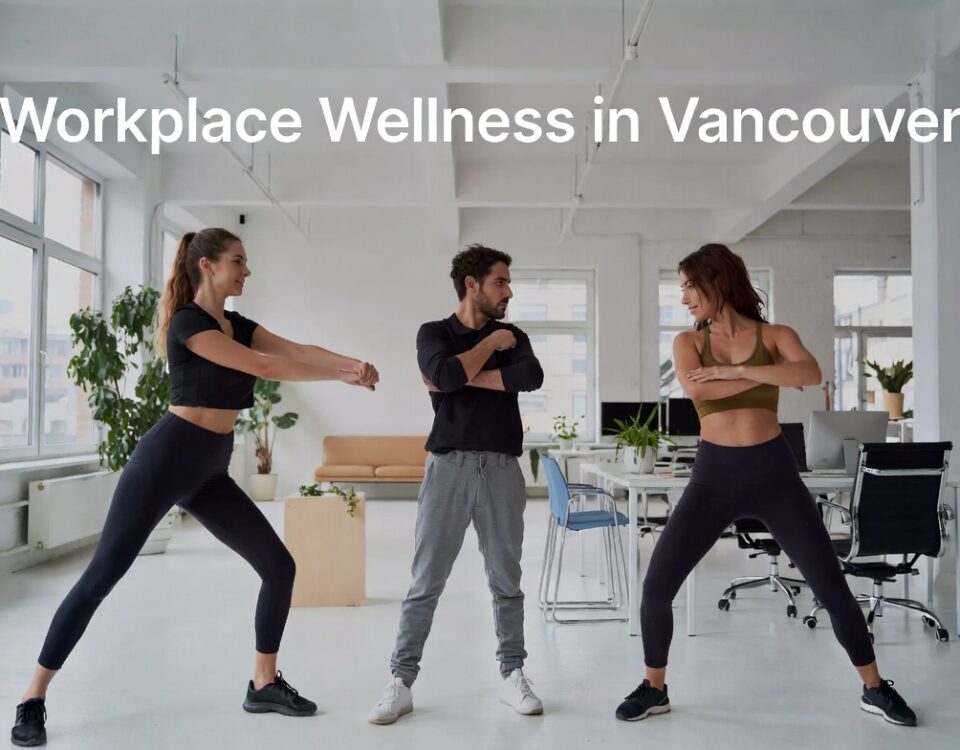 Personal trainer coaching two coworkers during an onsite corporate wellness session in Vancouver