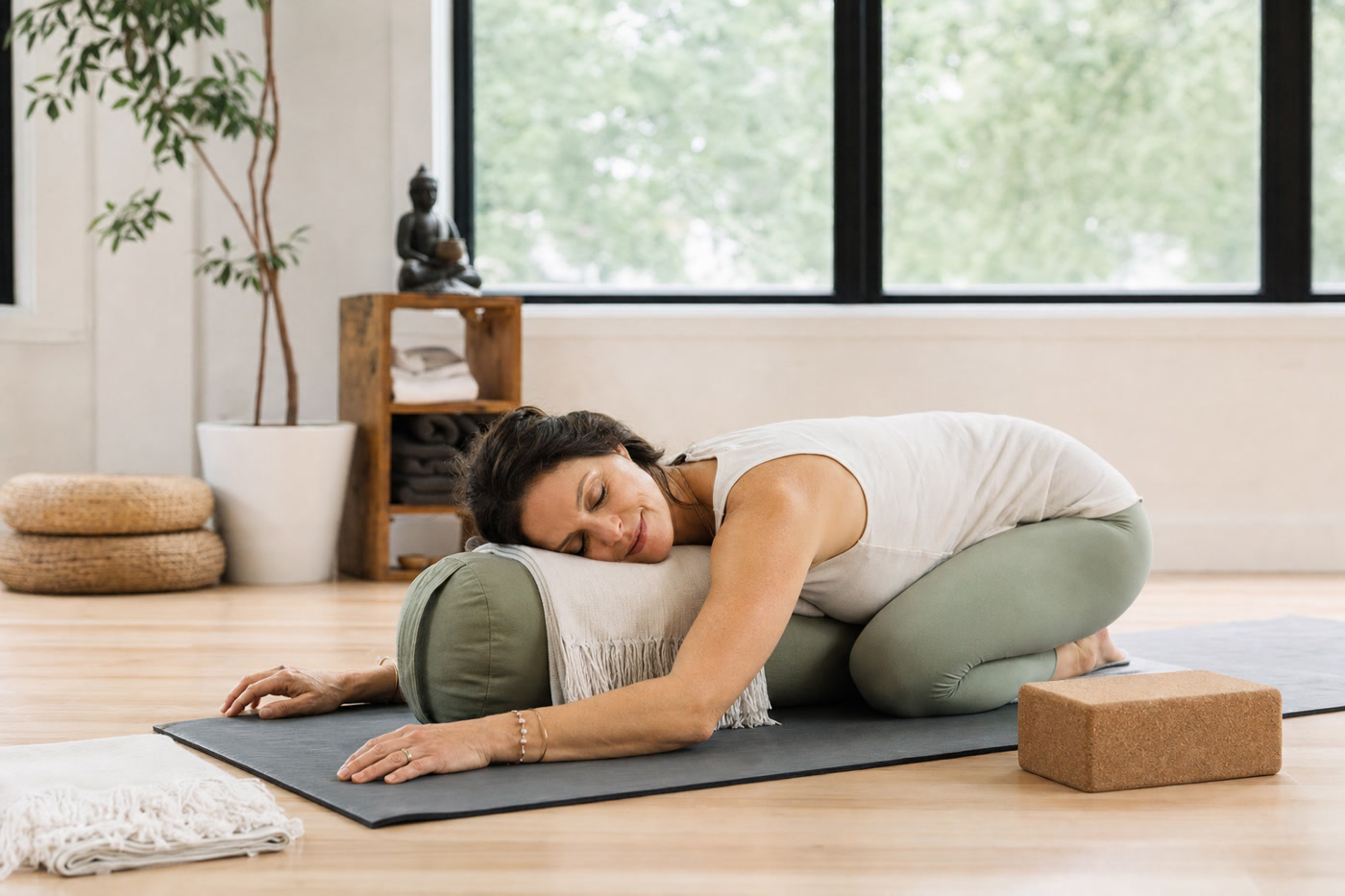 Woman doing restorative yoga for cortisol recovery and stress relief